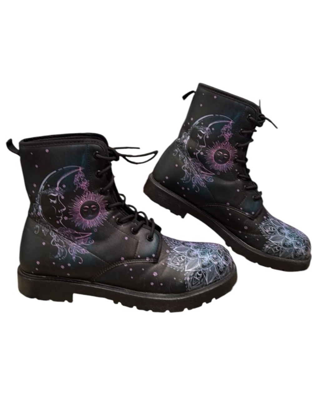Yes We Vibe Sun & Moon Power Combat Boots Faux Leather Black Sole EU 42